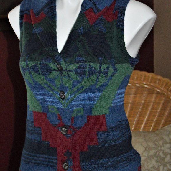 RALPH LAUREN CHAPS XS AZTEC SWEATER VEST BLUE, GREEN & RED VERY NICE WOMENS - Picture 1 of 4